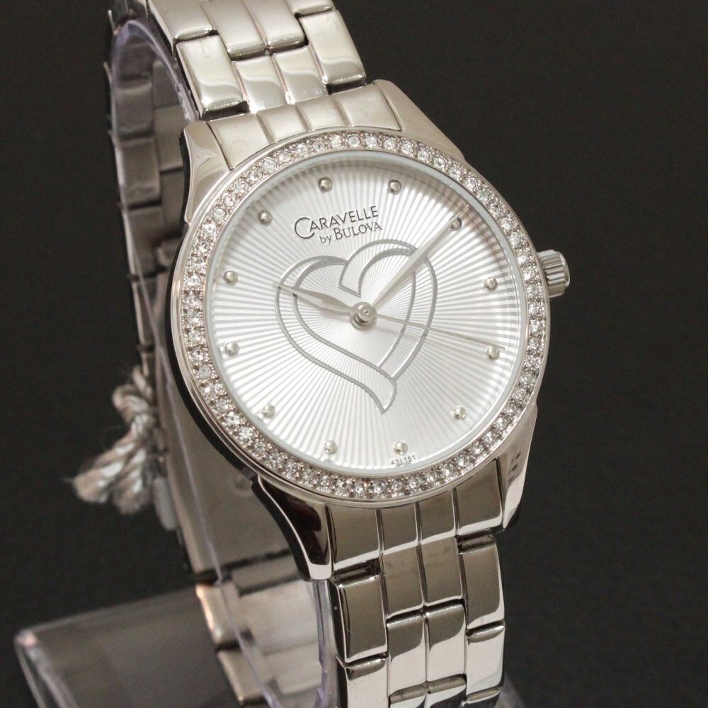 Caravelle Ladies Crystal Bezel Watch By Bulova Silver Tone Silver Heart Dial 32 - Picture 5 of 13
